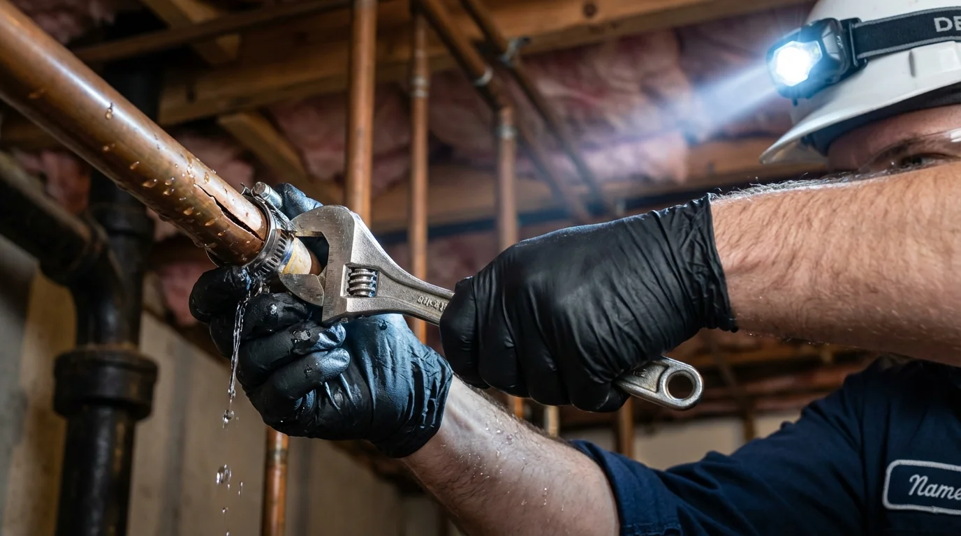 Emergency pipe clamp repair being performed by a Johns Plumbing LLC plumber in Olivet