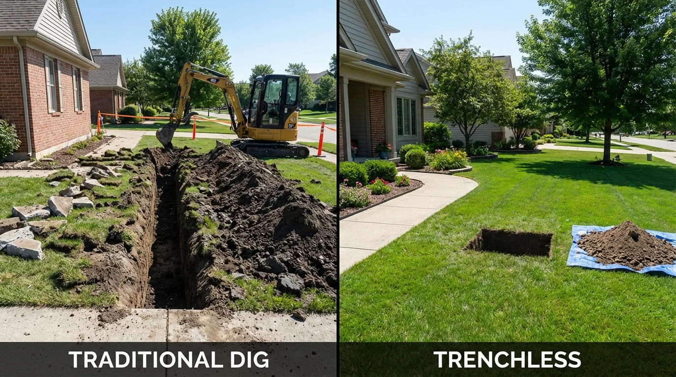 Trenchless sewer repair with minimal yard damage versus traditional excavation in Olivet, SD