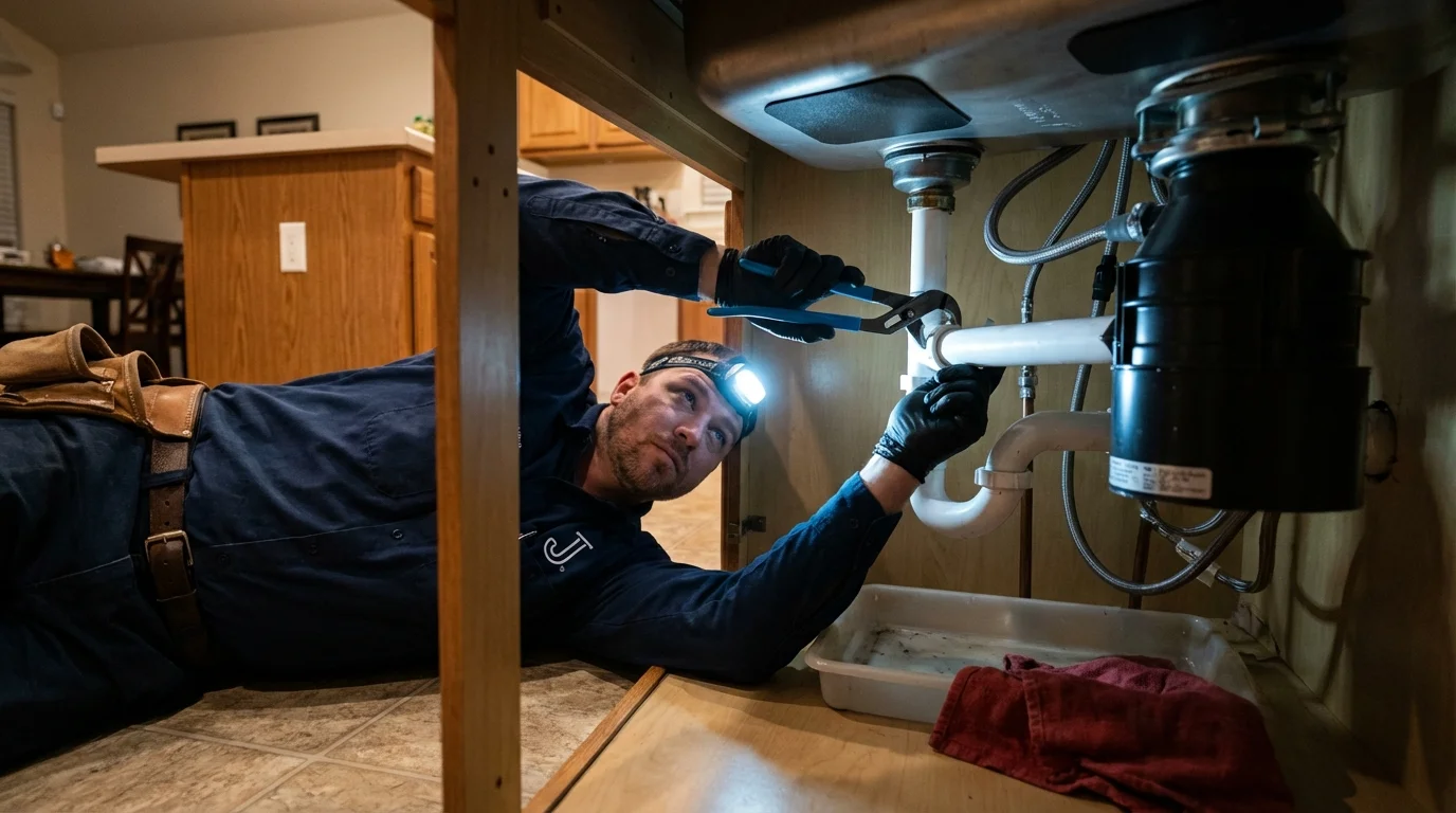 P-trap and supply line connections under a kitchen sink showing a common leak point in Olivet, SD